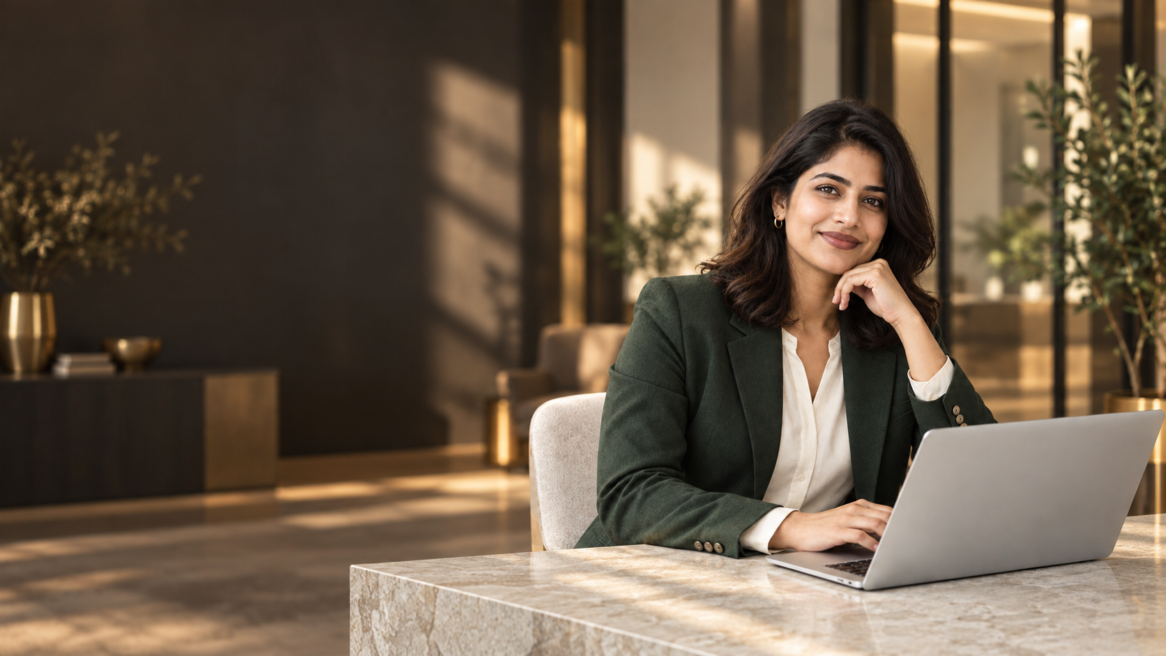 AI-generated illustrative female marketing professional in a warm modern office